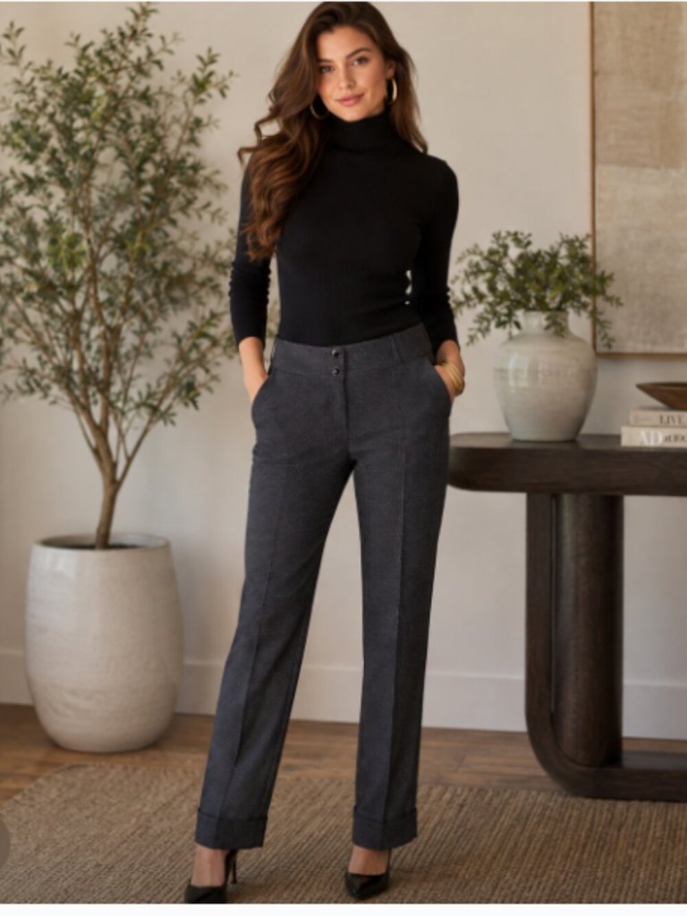 Avenue Womens Size 16 Black White Textured Dress Pants Cuffed Straight Leg